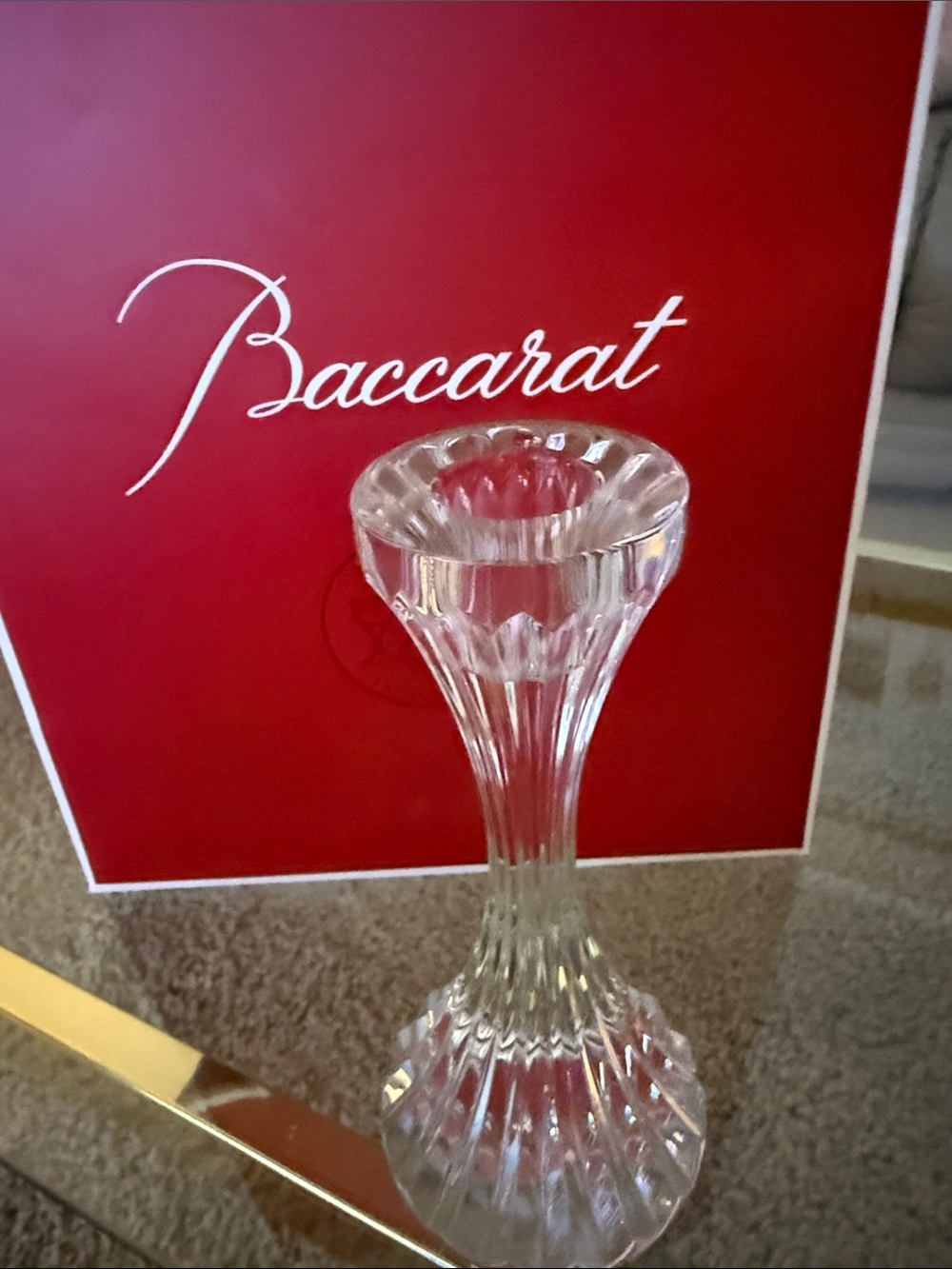 Baccarat Clear Crystal Taper Candle Holder with Red Backdrop